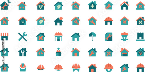 Set of Home Repair and Maintenance Icons with Tools, Warnings, and Warning Signs for Construction, Plumbing, and Electrical Services