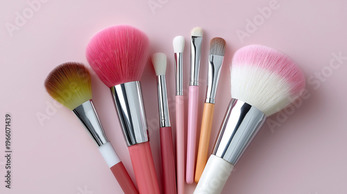 Makeup brushes set arranged on pink background with soft lighting highlighting beauty tools for cosmetic application and professional skincare routine concept