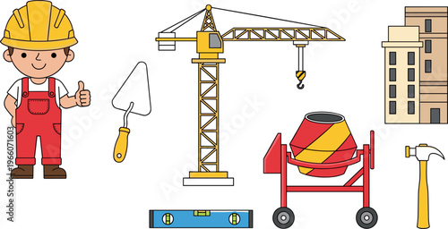 Cartoon Construction Worker and Tools Vector Illustration Featuring Crane, Cement Mixer, Trowel, Hammer, Level, and Building for Construction Projects