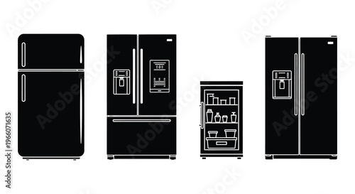 A collection of four modern refrigerators displayed in a stark black graphic style silhouette high quality professional detailed elegant stylish clean