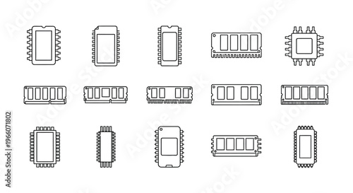 Line art illustration of various computer chips and memory modules