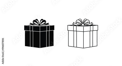 Two gift boxes one solid black and one white outline with bows
