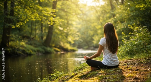 Young woman meditates in the lotus position beside a flowing stream surrounded by lush green forest