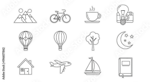 Minimalist line art icons depicting travel nature and leisure activities