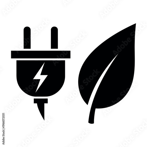 Green energy concept icon with electric plug and leaf symbol.