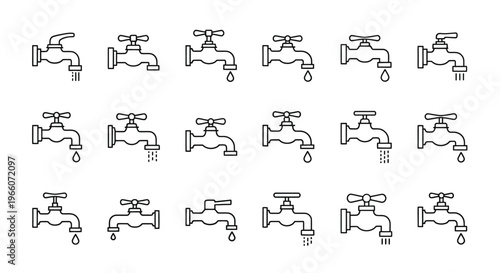 Line art illustration depicting various water taps and dripping faucets