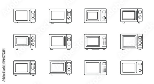 Line art illustration depicting multiple microwave ovens in a grid pattern