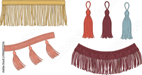 Decorative tassel and fringe vector illustration featuring colorful textile trims for curtains, clothing, and upholstery design