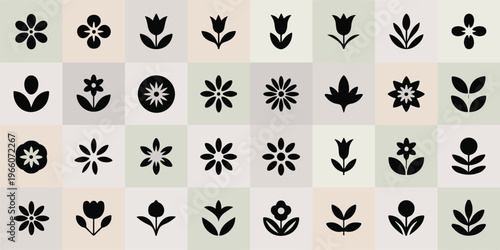 A collection of black and white flower icons arranged in rows on a subtle gradient background