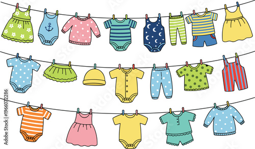 Colorful baby clothes vector illustration featuring onesies, rompers, dresses, shirts, pants, and hats on clotheslines