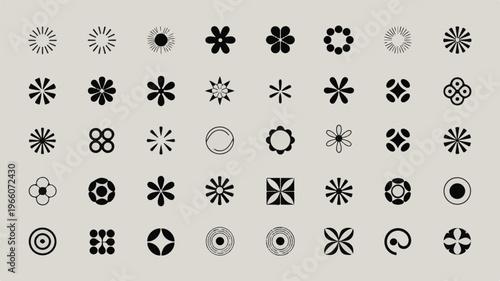 A collection of 30 minimalist black and white geometric shapes arranged in rows on a gray background
