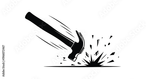 A hammer forcefully strikes a surface causing fragmentation and dynamic impact depicted in a striking silhouette high quality professional detailed modern