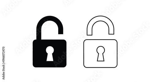 Two padlock icons one locked and one unlocked displayed in black and white