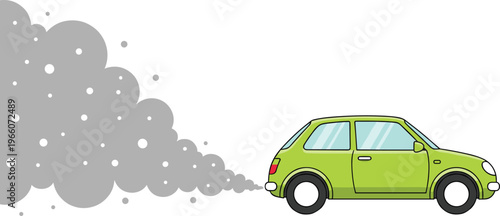 Green car vector illustration emitting gray exhaust smoke representing vehicle pollution and environmental impact