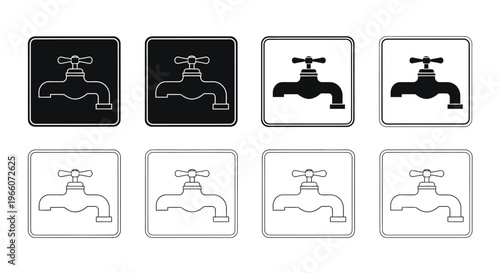 Four sets of black and white water tap icons in square frames