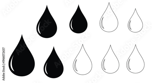 Stylized water droplets in black and white showcasing varying forms