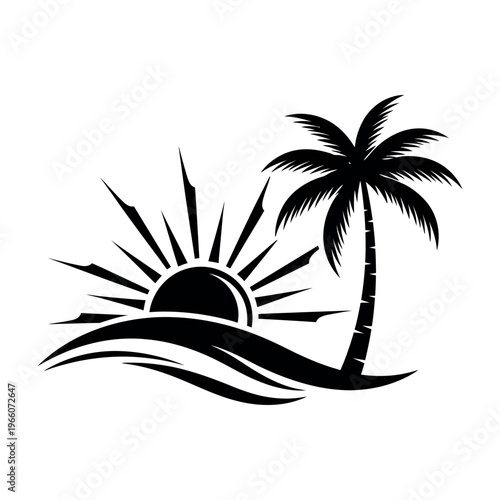 Black and white vector illustration of a tropical beach scene with palm tree and sun.