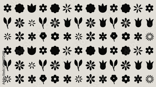 A seamless pattern of black flowers and leaves on a white background featuring various floral designs