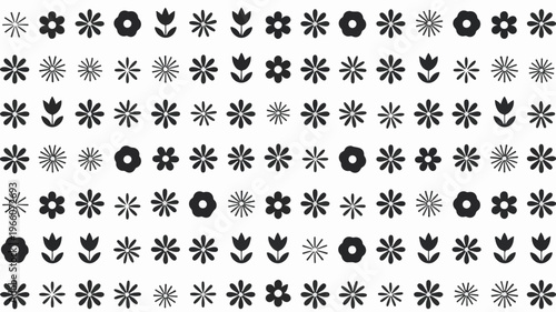 A set of 20 black and white minimalist flowers and leaves are arranged in rows on a plain background.