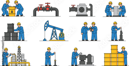 Oil industry worker vector illustration showing refinery activities including pipelines, barrels, machinery inspection, and drilling equipment
