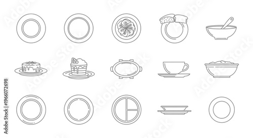 Line art illustration of various empty plates bowls and tableware
