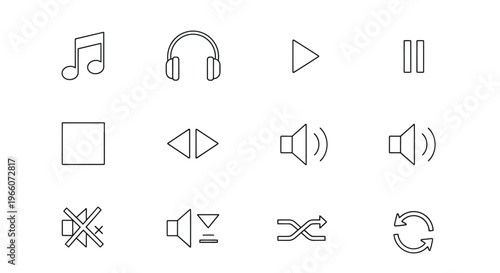 Black and white line icons representing music audio and media controls