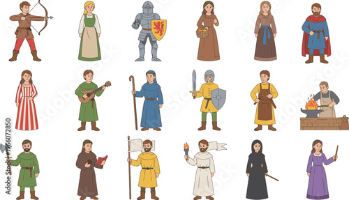 Medieval character vector illustration featuring knights, archers, peasants, monks, musicians, craftsmen, and noblewomen