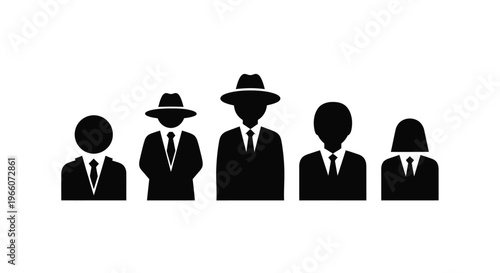 Five silhouetted figures wearing suits and hats in a row