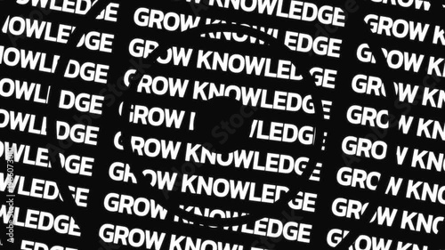 Rotating circular text animation displaying grow knowledge phrase arranged in concentric motion with central empty space for overlay content.