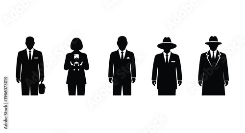 Silhouettes of five people in business attire with varying hats and accessories