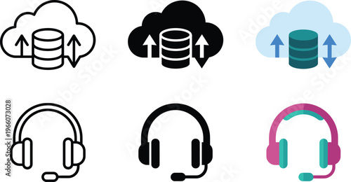 Cloud Storage and Communication System Icons Set with Data Transfer, Headset, and Voice Support for Digital Platforms, Websites, and Apps