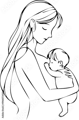 New mom hugging her toddler outline for coloring book