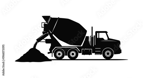 A black silhouette of a concrete mixer truck discharging material into a pile showcasing industrial construction equipment silhouette high quality professional