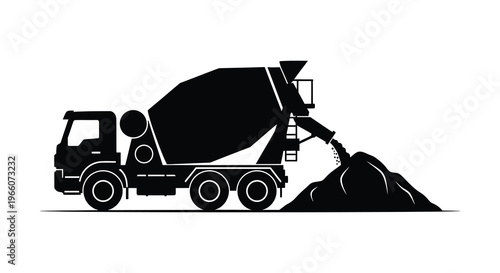 A black silhouette of a cement mixer truck discharging material onto a growing pile construction equipment silhouette high quality professional detailed