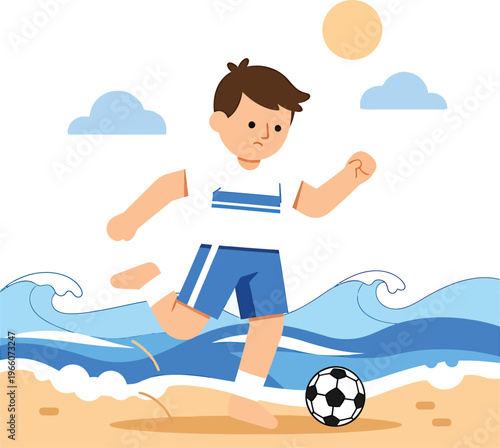 Cartoon illustration of a happy child playing soccer on the beach with a football, showing a young athlete kicking the ball for fun in a sports activity vector