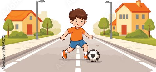 An active little girl and a happy child play a fun football game with a soccer ball, enjoying a sporty childhood as a young player in this vector illustration