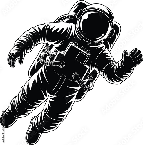 Black and white of an astronaut floating in space wearing a detailed spacesuit with helmet and backpack