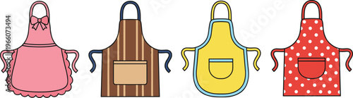 Vector illustration of colorful aprons with bows, stripes, pockets, scalloped edges, and polka dots