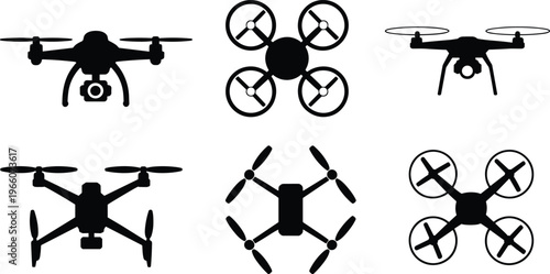 Collection of six black silhouette representing various drone models and in a clean style quadcopter