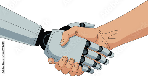 Detailed of a human hand and a robotic hand engaged in a firm handshake, signifying technological alliance