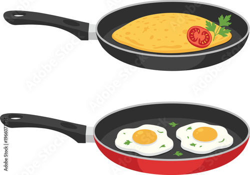 Vector illustration of frying pans with omelet and sunny‑side‑up eggs garnished with tomato and parsley