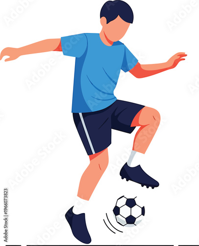 A 3d cartoon illustration of a young boy athlete playing a football game and kicking the soccer ball with his foot in an action pose as a talented person and vector character
