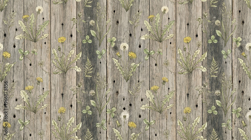 Wildflowers and dandelions are scattered across a vertical pattern of weathered gray wooden planks featuring visible nail holes.