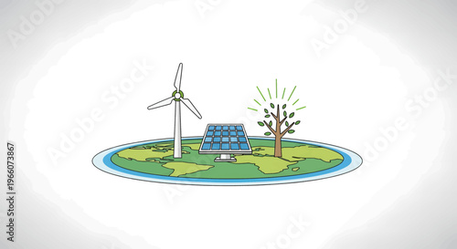 Renewable Energy and Sustainable Living Illustration with Wind Turbine and Solar Panel on Earth