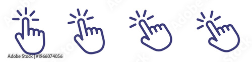 Click hand cursor icon set, various pointing hands and tapping gestures, user interface symbols, touchscreen interaction icons, flat design style, essential elements for mobile and web applications.