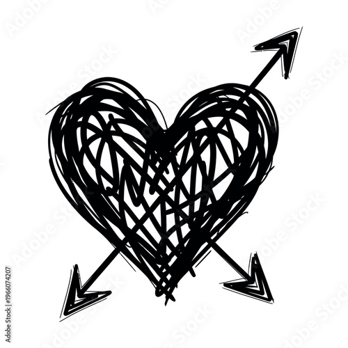 A hand-drawn scribble heart pierced by arrows, symbolizing complex emotions and relationships.