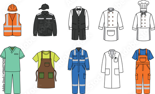 Vector illustration of professional uniforms including construction, mechanic, waiter, chef, medical, lab coat, and jumpsuit