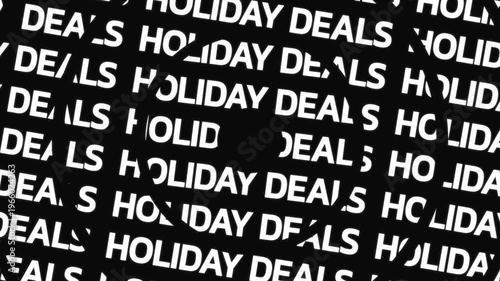 Rotating circular text animation displaying holiday deals phrase arranged in concentric motion with central empty space for overlay content.