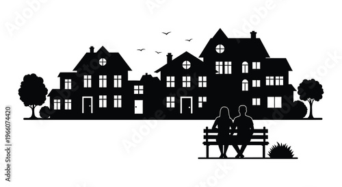 A charming cityscape scene featuring houses trees and a couple on a bench rendered as a silhouette high quality professional detailed