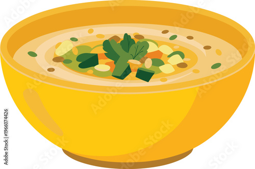 A yellow bowl filled with soup or porridge with toppings food vector on white background.